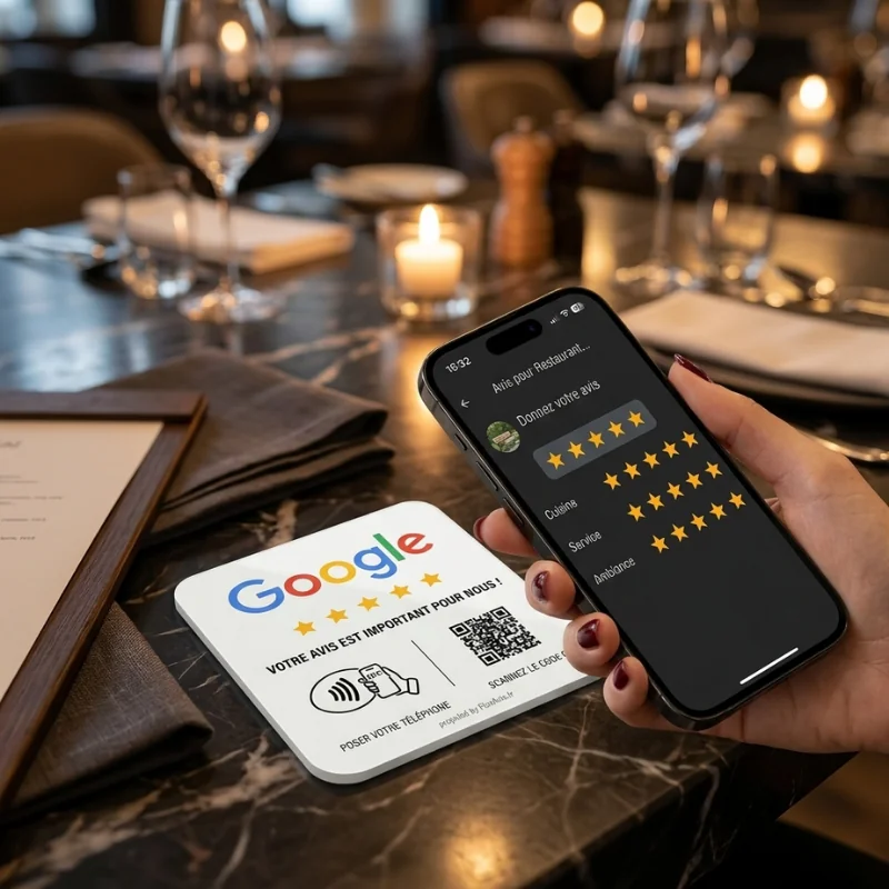 Plaque NFC avis Google FluxAvis — client scannant avec son smartphone pour laisser un avis